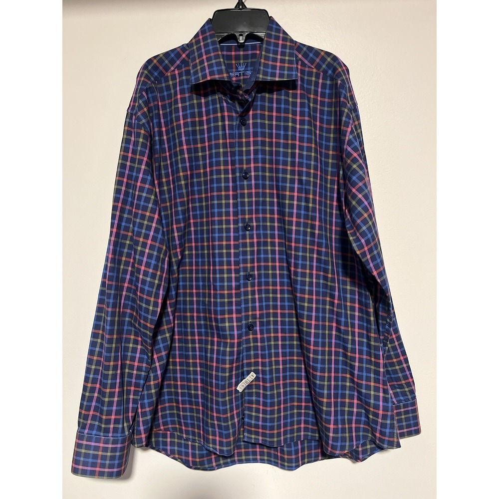 Bertigo Mens Long Sleeve Button Up Shirt Navy Blue Colorful Plaid Size Large 4